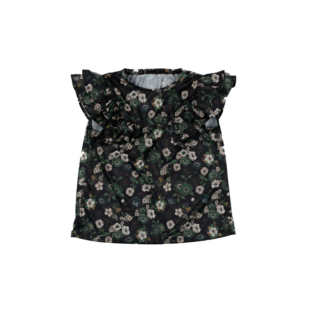 【予約：3月上旬以降発送】シェリーローブ キッズウエア ノースリーブ フリル プリントTシャツ ブラック