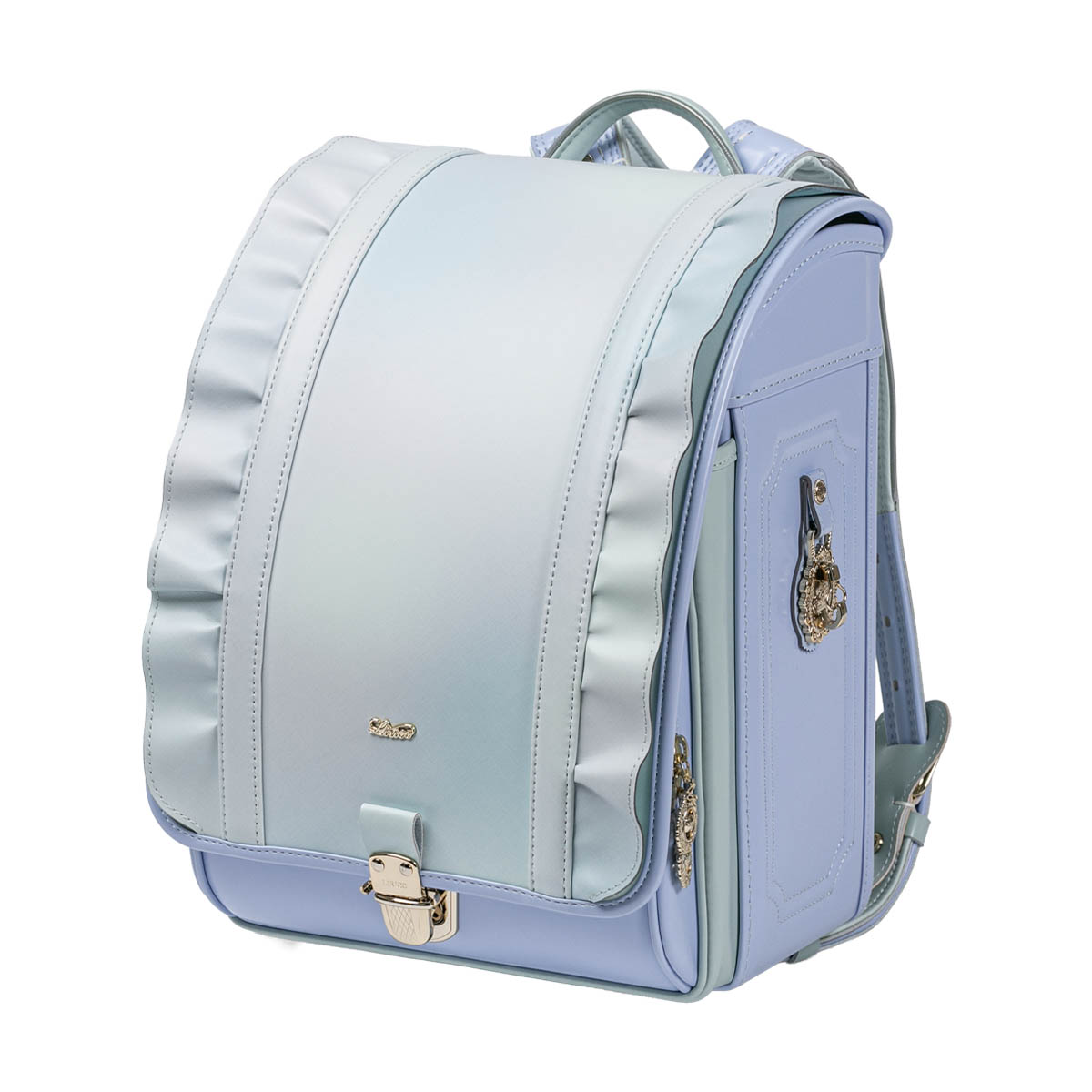 ランドセル フェアリーフリル ドリーミーブルー 半かぶせタイプ リリコ やわらかな曲線を描くフリルを贅沢にあしらった特別なランドセル 上品さと愛らしさを兼ね備えたデザイン