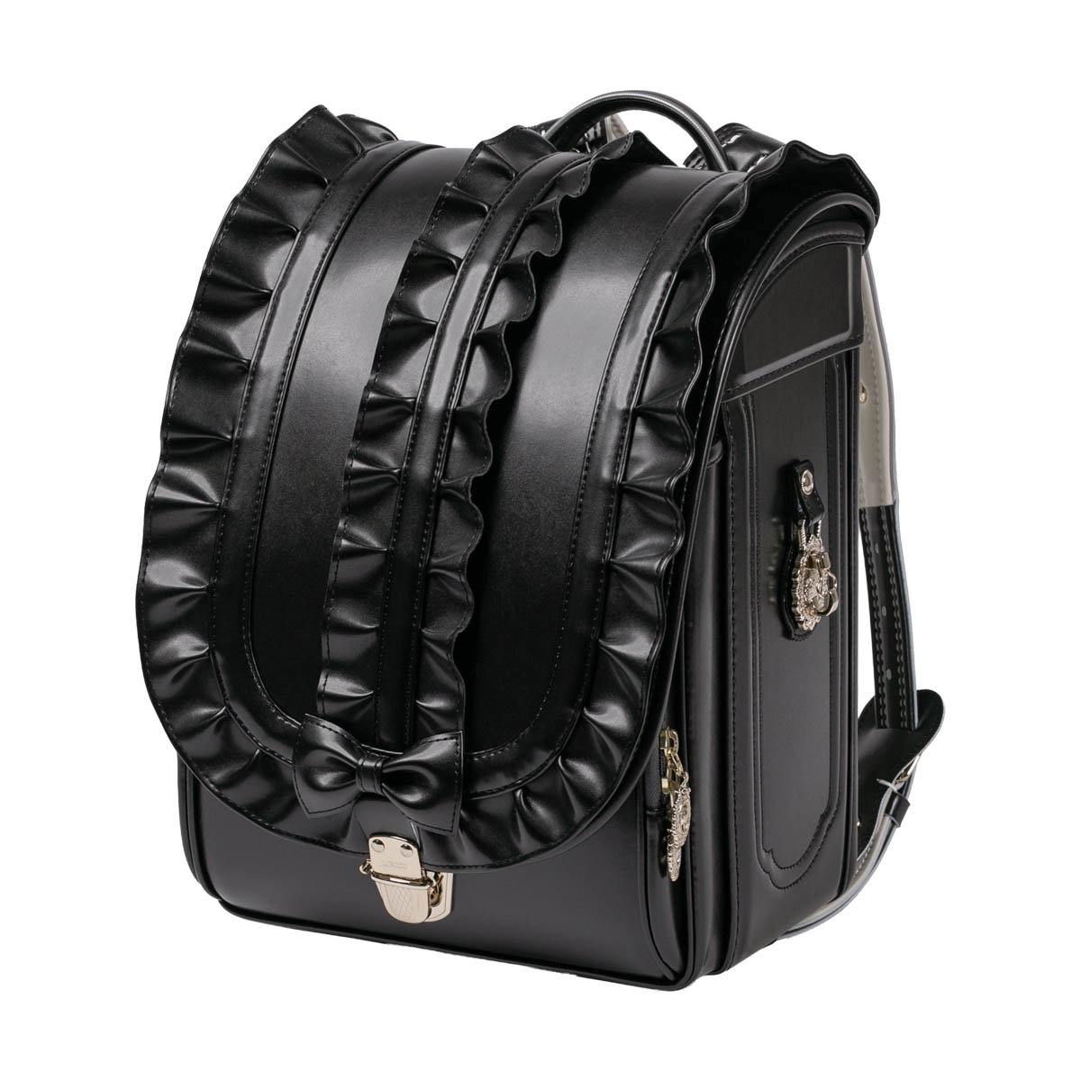 ランドセル メルティーフリル エボニーブラック 半かぶせタイプ リリコ 重なるフリルが、装いにそっと可憐さを添える女の子ランドセル