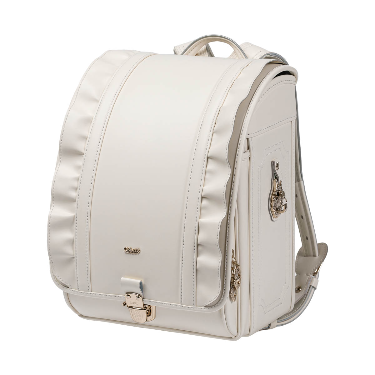 ランドセル フェアリーフリル メレンゲホワイト 半かぶせタイプ リリコ やわらかな曲線を描くフリルを贅沢にあしらった特別なランドセル 上品さと愛らしさを兼ね備えたデザイン